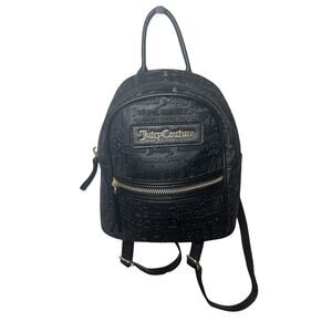 Juicy Couture Black Mini Backpack Purse Bag Faux Leather Embossed Logo Monogram